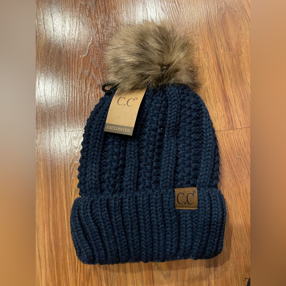 NWT CC Boutique Dark Blue Knit Hat with Brown Faux Fur Pom